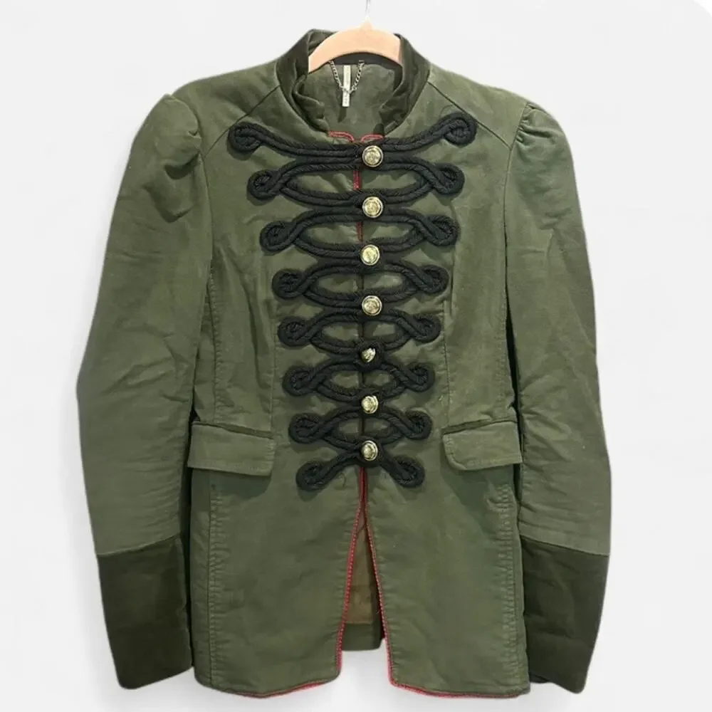 Free People Army Green Military Jacket XS Braided Trim Victorian Cotton